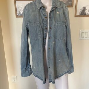 True Religion Distressed Chambray Light Blue Denim Shirt